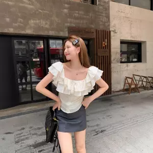 Áo sơ mi nữ ngắn tay cổ xù kiểu Pháp, thiết kế slim-fit, phong cách ngọt ngào