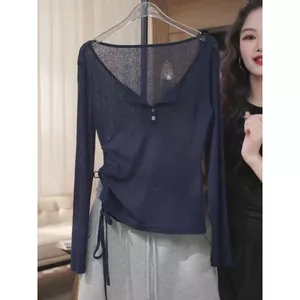 Áo dài tay mỏng màu xanh hải quân phong cách Hàn Quốc, thiết kế ôm body, phù hợp chống nắng mùa hè - Thời gian seckill giới hạn