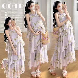 Váy bà bầu không tay cổ dây hoa kiểu Pháp