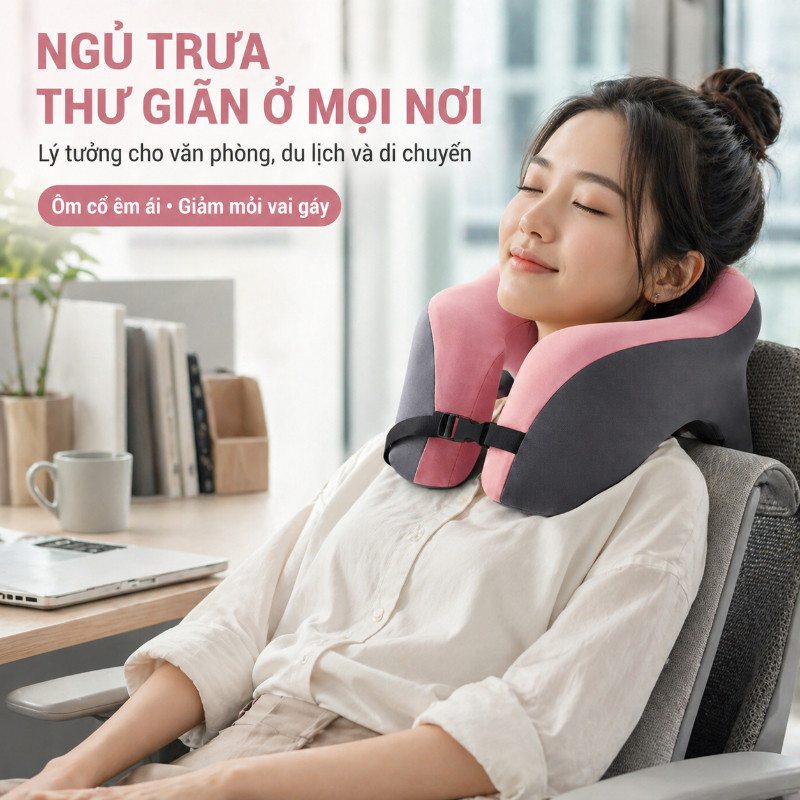 Gối chữ U memory foam cao cấp, hỗ trợ cổ chống đau mỏi, dùng làm gối ngủ trưa văn phòng & du lịch, êm ái thoáng khí