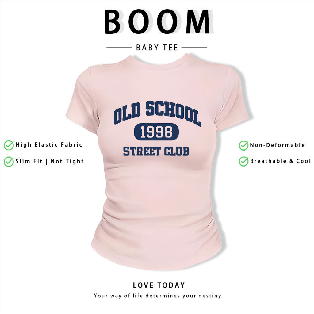 BOOM Áo Baby Tee Nữ Cotton Ôm Body-Áo Thun Ngắn Tay Y2K In Hình PhongCách Mùa Hè, Cổ Tròn Hàng Đầucách hàn quốc phongA48