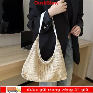 Túi đeo vai DUSKGLOW, túi xách nữ đan rơm, túi bucket lớn màu trơn đơn giản