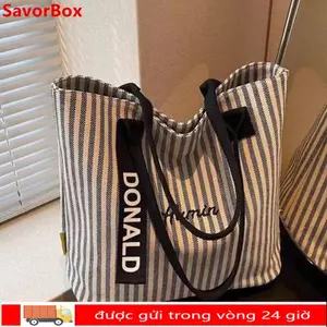 Túi Tote SAVORBOX, Túi đeo vai sọc dung tích lớn, Túi đi lại bằng vải đa chức năng thông thường dành cho nữ