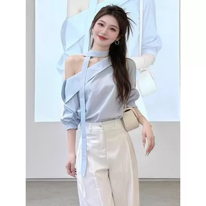 Áo sơ mi đeo vai sang trọng dành cho nữ Đầu mùa xuân Phong cách mới Độc đáo Đẹp Top Đầu mùa hè Mặc thường ngày Quần ống rộng Bộ đồ hai mảnh