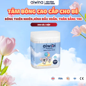 Tăm Bông Aiwibi Cao Cấp Cho Bé, Mềm Mịn, Thân Giấy Linh Hoạt, 100% Bông Thiên Nhiên - 200 Cái/Hộp