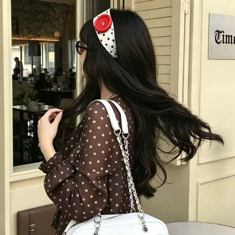 Băng đô rộng chấm bi cổ điển, Băng đô co giãn trang trí nút lớn dễ thương, Phụ kiện tóc hàng ngày thông thường Y2K