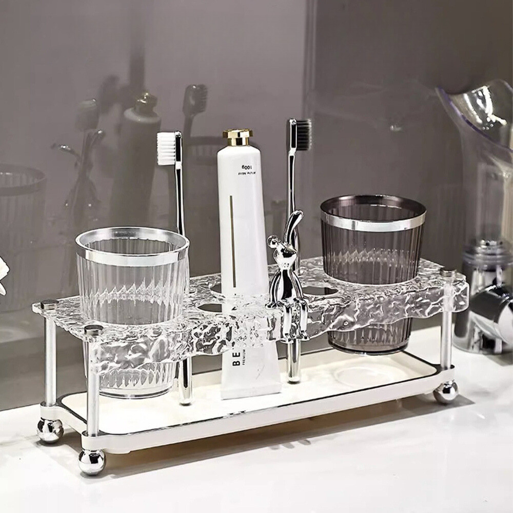 Kệ Đựng Bàn Chải Đánh Răng Acrylic Kèm 2 Cốc, Giá Để Kem Đánh Răng Nhà Tắm Decor Gọn Gàng
