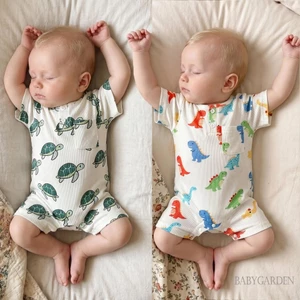 Sơ Sinh Bé Trai Mùa Hè Áo Liền Quần Khủng Long / Rùa In Tay Ngắn Nửa Nút Lên Cổ Tròn Jumpsuit