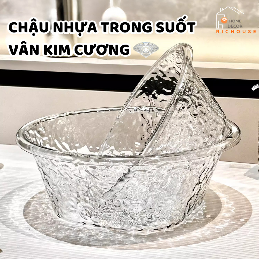 Chậu Rửa Mặt HomeMate Trong Suốt Vân Kim Cương, Thau Nhựa Acrylic Có Móc Treo Sang Trọng