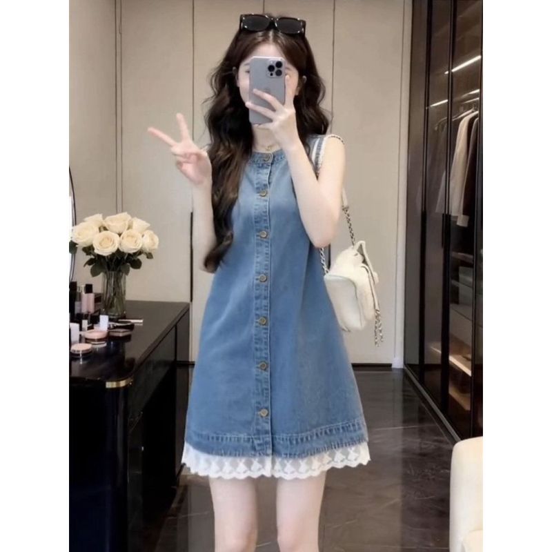 [Khuyến mãi trong thời gian có hạn] Mùa hè 2026 Váy Denim không tay phong cách mới Nữ phong cách Hàn Quốc Ren viền khâu dáng ôm hơn Váy ngắn