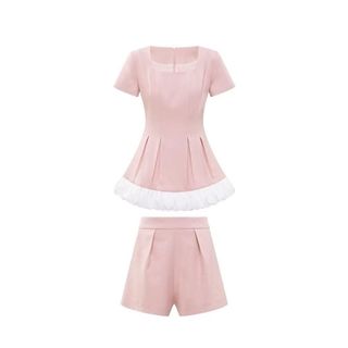 HB - Sét Bộ Nữ Áo Kiểu Cổ Vuông Xếp Ly Phối Bèo Trắng Mix Quần Short S156