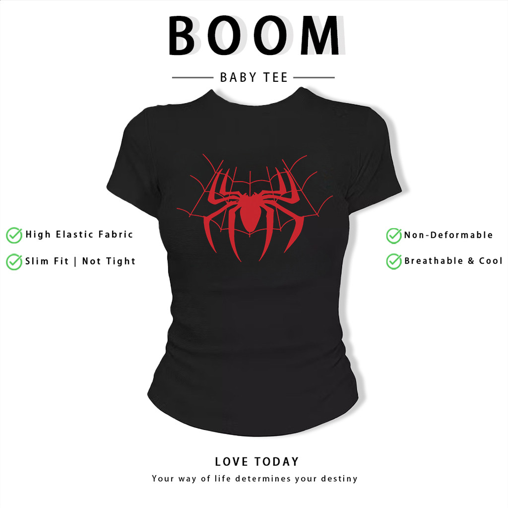 BOOM Áo Baby Tee Nữ Cotton Ôm Body-Áo Thun Ngắn Tay Y2K In Hình PhongCách Mùa Hè, Cổ Tròn Hàng Đầucách hàn quốc phongF17