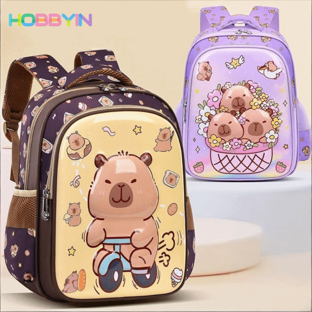 Ba lô HOBBYIN Capybara, Túi đi học Capybara nhẹ hoạt hình, Ba lô mẫu giáo nhiều túi Nylon dung tích lớn dễ thương