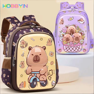 Ba lô HOBBYIN Capybara, Túi đi học Capybara nhẹ hoạt hình, Ba lô mẫu giáo nhiều túi Nylon dung tích lớn dễ thương