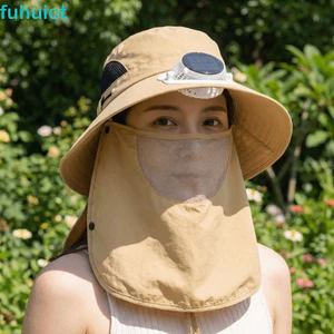 Mũ quạt sạc năng lượng mặt trời FUHUIOT, với nắp che mặt và quạt điều chỉnh được, phù hợp cho việc câu cá ngoài trời.