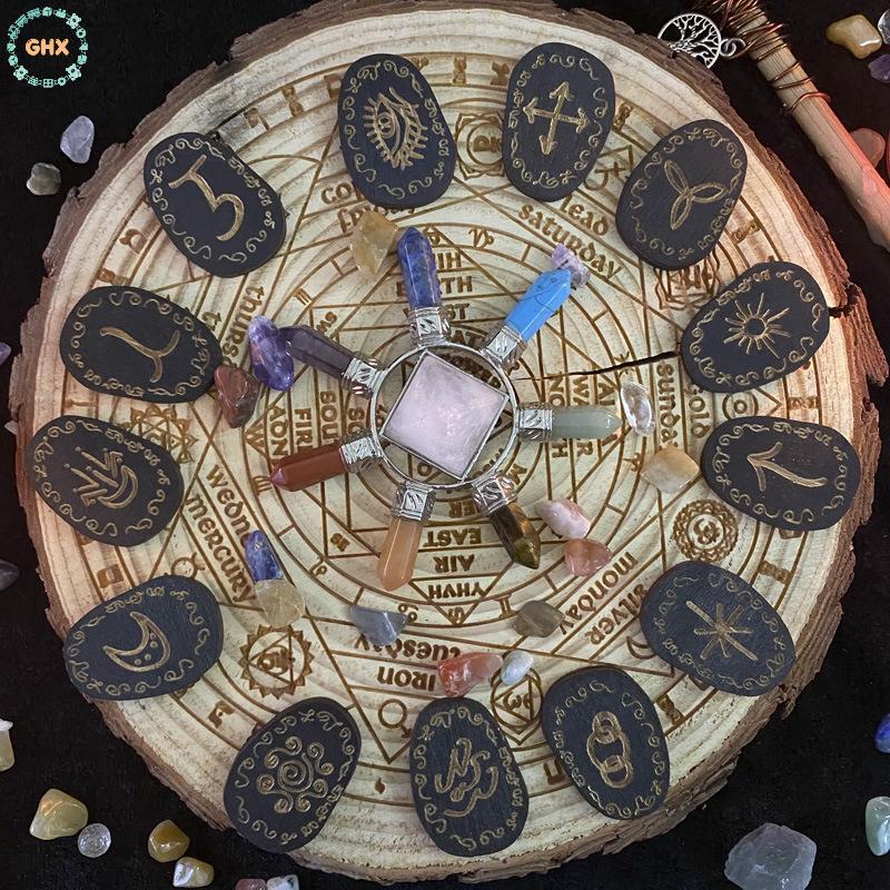 GHX Gỗ Runes Bộ Đá Phù Thủy Rune Bộ 14 Chiếc Khắc Rune Biểu Tượng Cho Bói Toán VN