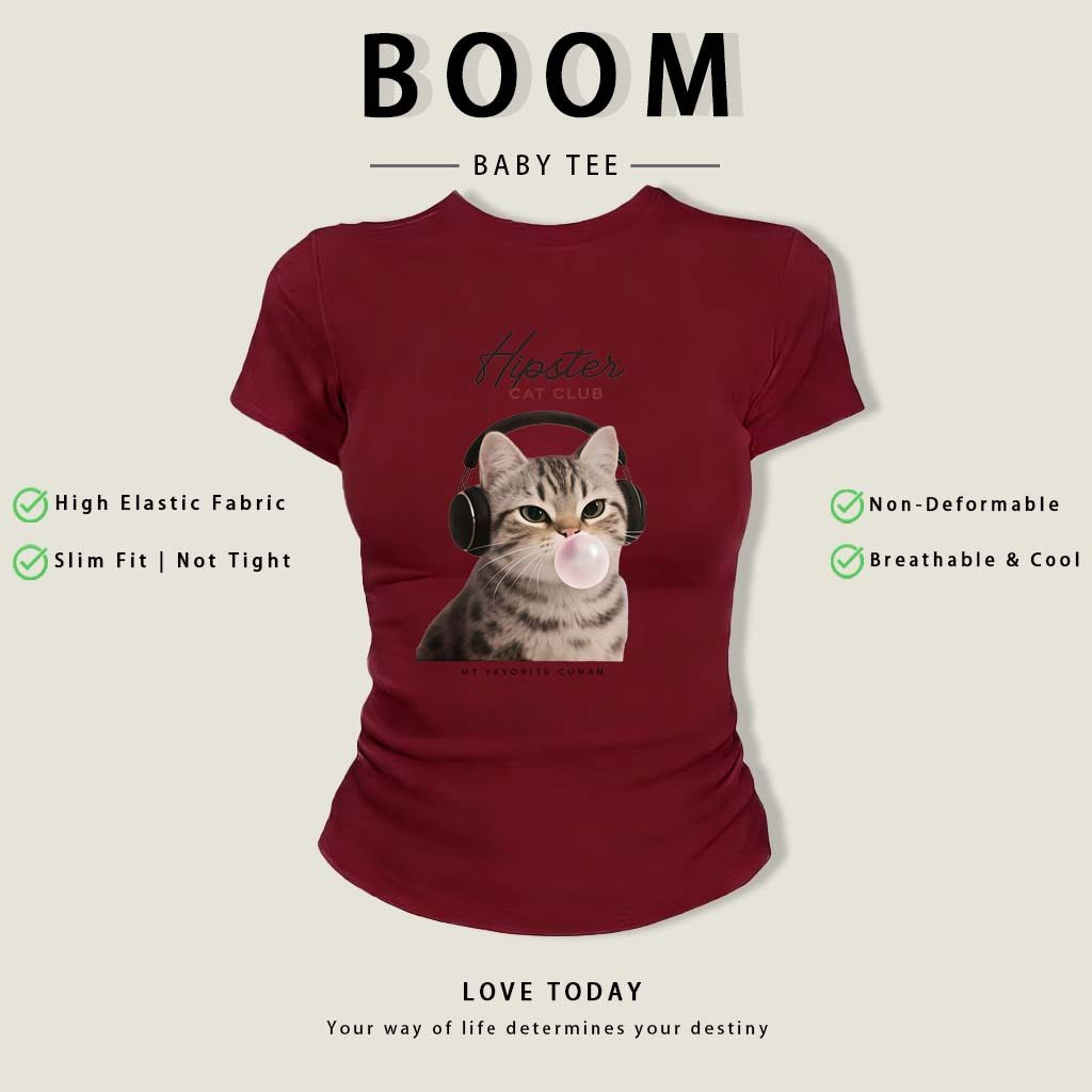 BOOM Áo Baby Tee Nữ Cotton Ôm Body-Áo Thun Ngắn Tay Y2K In Hình PhongCách Mùa Hè, Cổ Tròn Hàng Đầucách hàn quốc phongE35