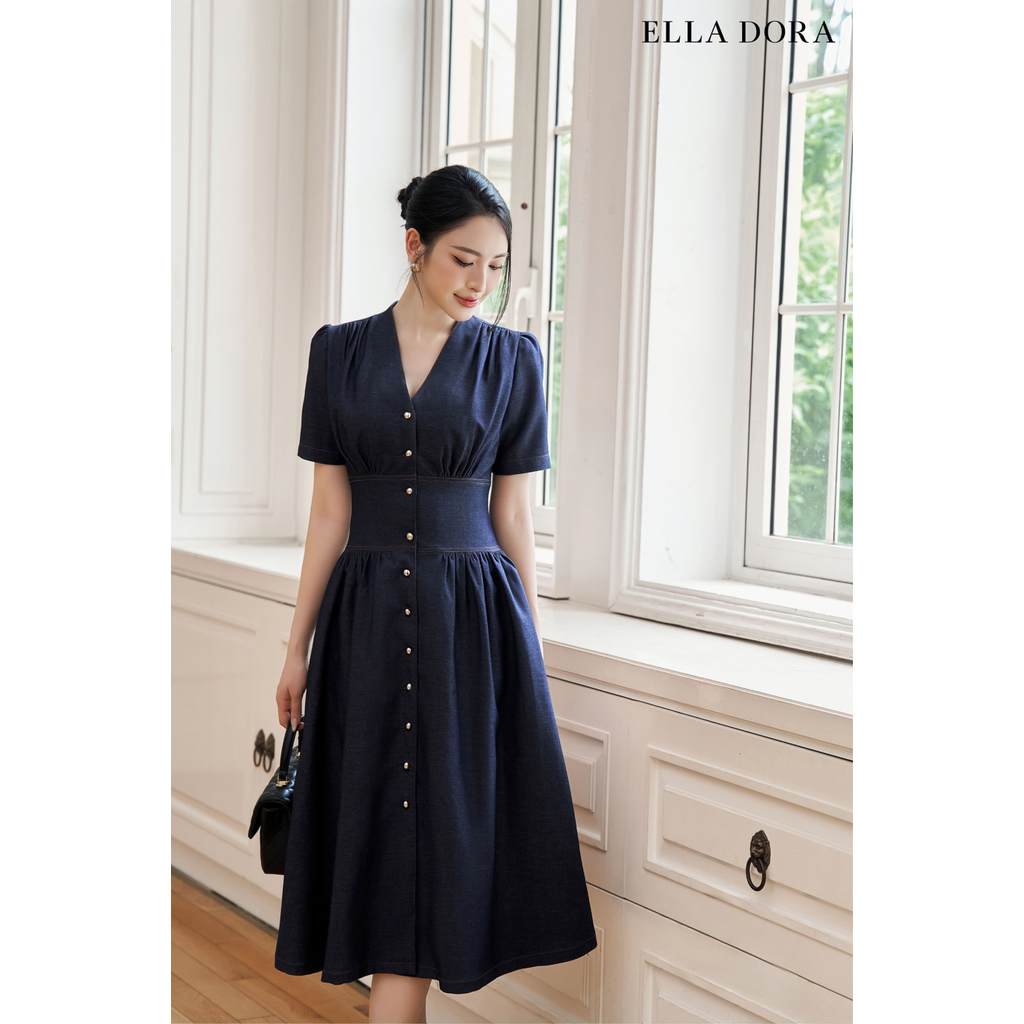 Đầm cổ V ELLA DORA form ôm rúm eo thiết kế dáng dài thanh lịch sang trọng màuXANH ĐẬM [D239]