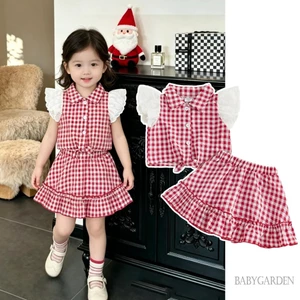 6M-3Y Bé Gái Bộ Kẻ Sọc In Thêu Ren Tay Bay Ve Áo Nút-Down Tank Tops + Eo Co Giãn Váy Chữ A