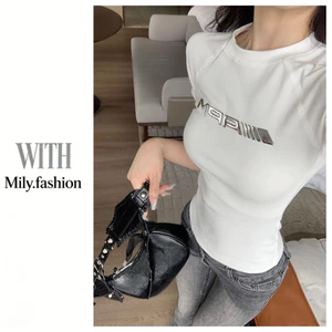 Milyfashion Kim Loại Bóng In Vải Chất Lượng Cao Cổ Tròn Tay Ngắn Vai T Mùa Hè Thiết Kế Hợp Thời Trang Hot Girl Skinny Short Top Y2K BABY TEE