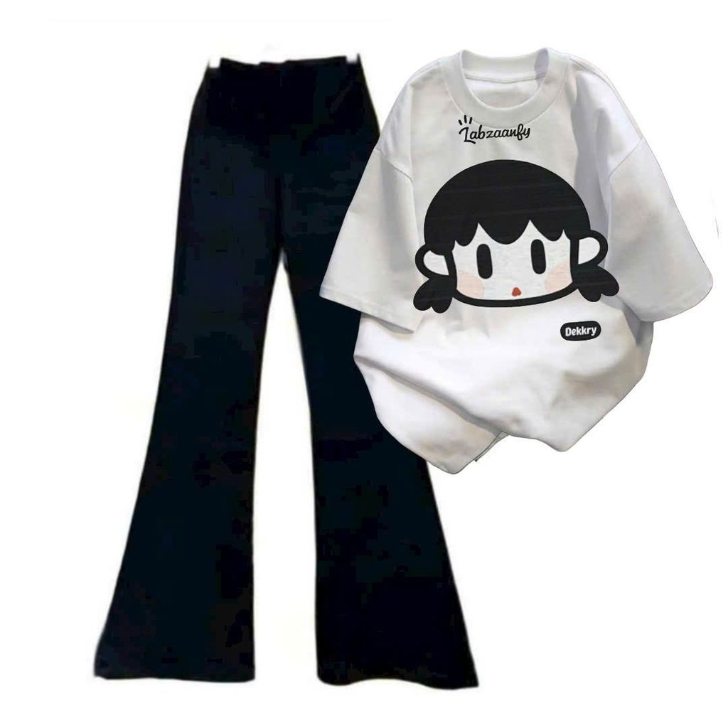 "Bộ quần ống loe dài và áo phông unisex XU KA mới, thời trang trendy cho nữ."