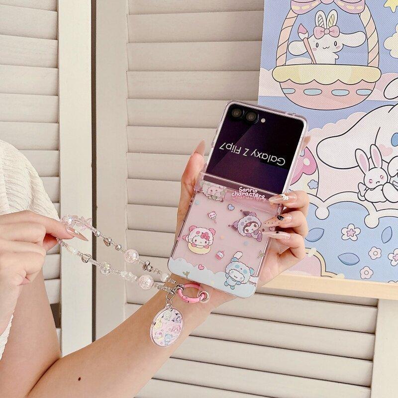 Tương thích với Samsung Galaxy ZFlip7 ZFlip6 Vỏ điện thoại Sanrio dễ thương bao gồm dây buộc gấp vỏ cứng thích hợp cho Z Flip 7 6 5 4 3 5G N3 Flip Mix Flip 2 vỏ bảo vệ