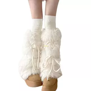 Flgo JK Girls Boot Cuffs Leg Warmers Nữ Mùa Đông Ấm Áp Bông Tai Kẹp Ngọt Ruy Băng Nơ Lông Sang Trọng Trắng Boot Cover Dài S