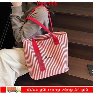 Túi đeo vai HEARTHLY, Túi Tote dung tích lớn bằng vải Canvas, Túi đi lại sọc đa chức năng thông thường dành cho nữ