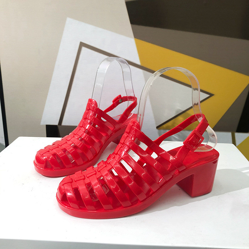 Hàn Quốc Hàn Quốc Thạch Giày Sandal Nữ Sinh Mùa Hè Trong Suốt Pha Lê Nhựa Trung Bình Gót Cao La Mã Chống Trơn Trượt Baotou Đi Biển Lỗ EXG5