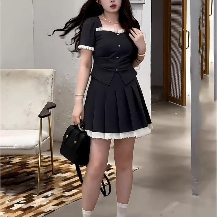 [Seckill trong thời gian có hạn] Bộ đồ cay ngọt cỡ lớn Áo ngắn tay + Bộ đồ hai mảnh nửa váy nữ mùa hè mùa thu hơi béo mm dáng ôm khổng lồ Daug