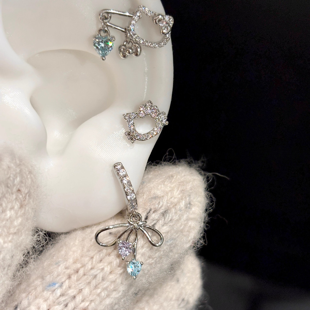 Thời trang khí chất nơ tình yêu zircon tinh tế đầy đủ kim cương cá tính bông tai nữ đa năng