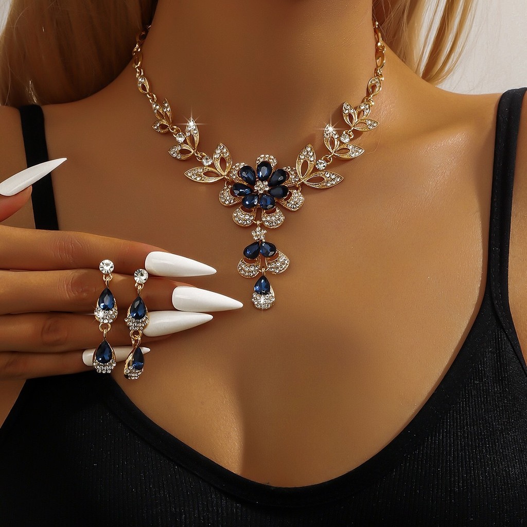 Bông tai vòng cổ hoa thả nước sang trọng Shang Qing Hai mảnh thanh lịch lớp 26.5.6