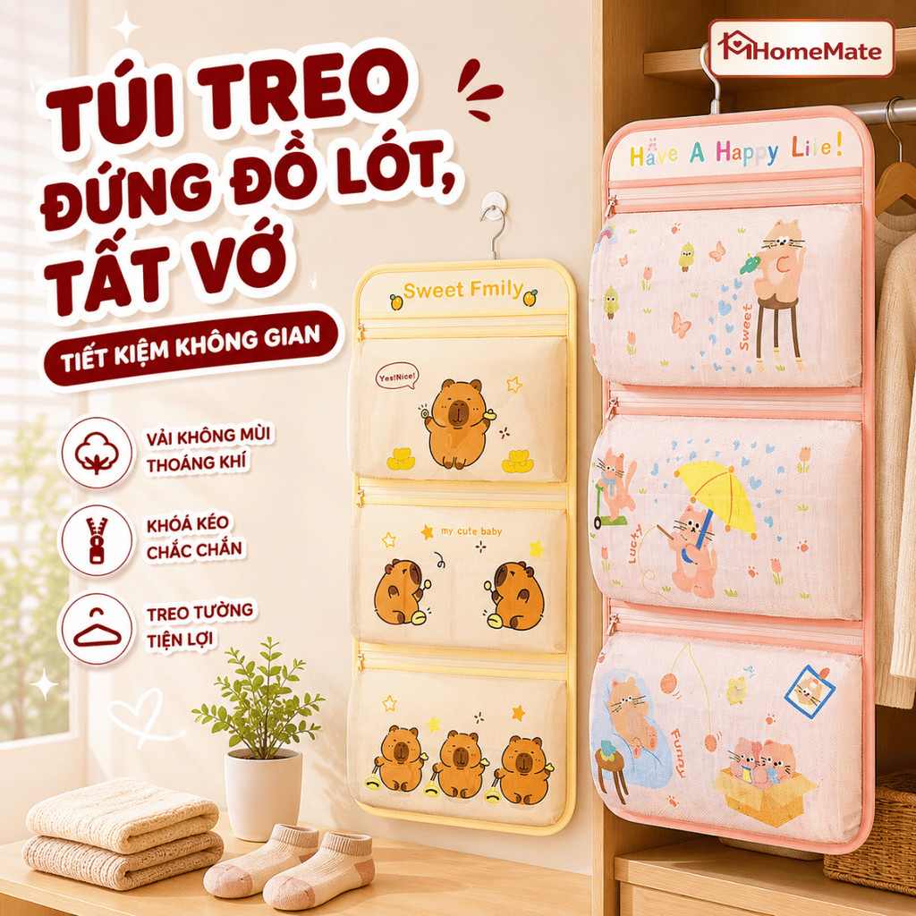 Túi Đựng Đồ Lót Tất Vớ Treo Tường HomeMate – Túi Treo Tủ Đa Năng Vải Canvas Chống Thấm Tiết Kiệm Diện Tích