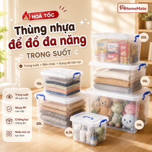 Thùng Nhựa Trong Suốt HomeMate 6.5L/10L/15L/20L – Hộp Nhựa Đựng Đồ Có Nắp Xếp Chồng Tiết Kiệm Diện Tích