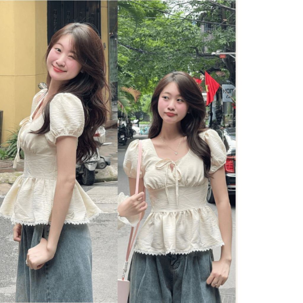 Áo Kiểu Nơ Buộc Bo Eo Tay Bồng Pha Ren A31177 Thời Trang Nữ Bigsize - SamHi Closet