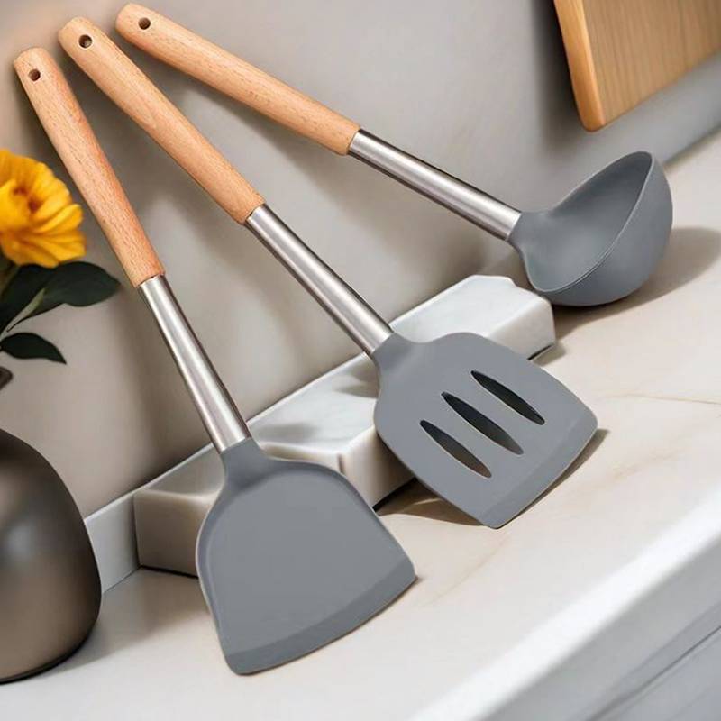 Phu Silicone đồ dùng nhà bếp gỗ xử lý không dính nồi đồ dùng nhà bếp nấu ăn chịu nhiệt súp muỗng mì ống chao xẻng VN