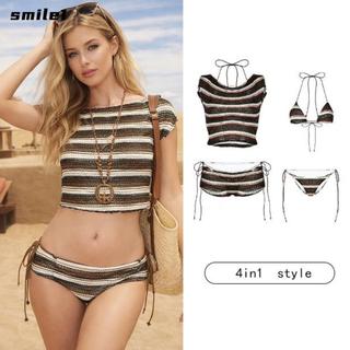 Đồ bơi nữ SMILE, Bãi biển sọc cổ điển, Chi tiết dây buộc làm phẳng thời trang Bộ 4 món Bộ kỳ nghỉ đi biển