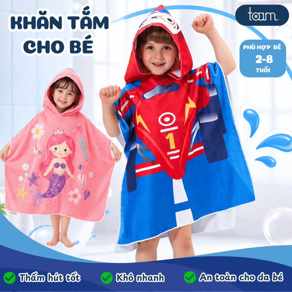 Khăn Tắm Cotton Cho Bé Có Mũ,  Khăn Tắm Trùm Đầu Trẻ Em, Thấm Hút Nhanh, Giữ Ấm Sau Khi Tắm, Đi Bơi