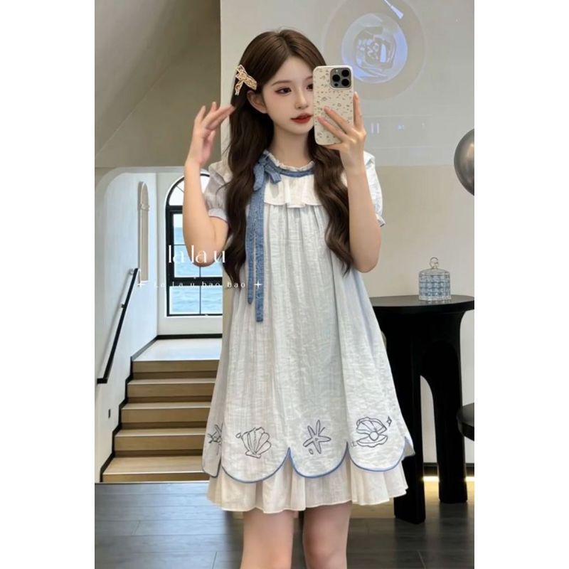 [Khuyến mãi trong thời gian có hạn] Phong cách Hàn Quốc ngọt ngào Preppy Phong cách Bowknot Puff Tay áo thiết kế Váy nữ mùa hè Phong cách mới dáng rộng mỏng hơn Váy ngắn