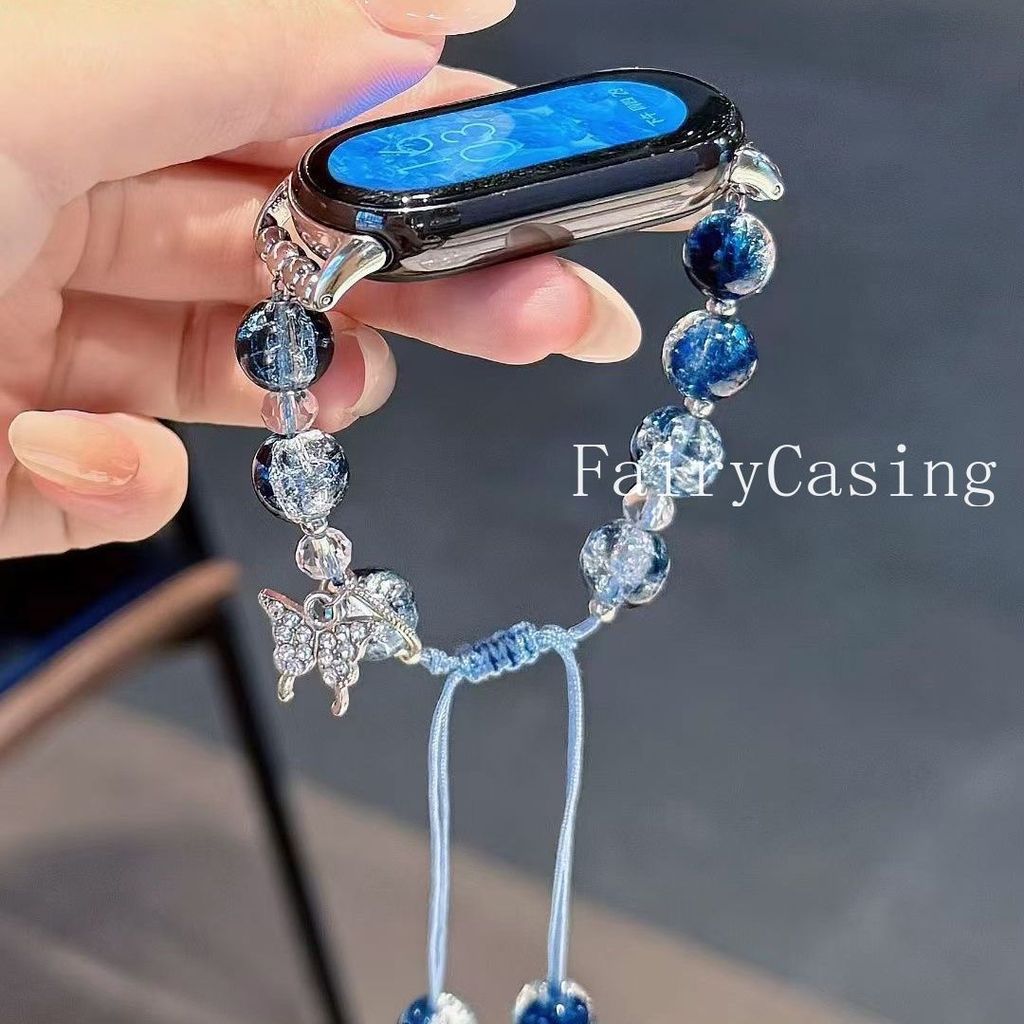 Dây đeo hạt pha lê màu xanh mới Thích hợp cho Xiaomi Band 10 9 8 Nfc 3 4 5 6 7 cho Redmi Watch 6 5 4 Dây đeo dệt