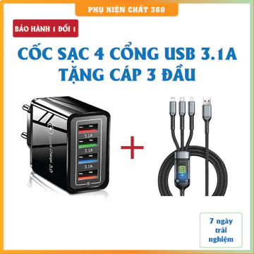 Củ sạc đa năng 4 cổng USB 3.1A “Tặng cáp sạc 3in1” Củ sạc điện thoại 4 cổng, Củ sạc nhanh 4 cổng, Cốc sạc nhanh 4 USB