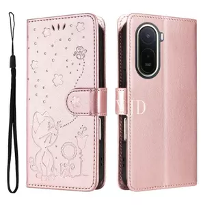 Ốp Lưng Cho Redmi A7 Pro Dập Nổi Mèo Và Ong Da Khe Cắm Thẻ Dây Đeo Tay Chống Rơi Vỏ Điện Thoại