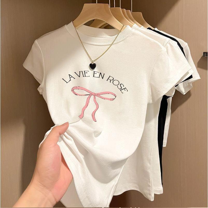 BOOM Áo Baby Tee Nữ Cotton Ôm Body-Áo Thun Ngắn Tay Y2K In Hình PhongCách Mùa Hè, Cổ Tròn Hàng Đầucách hàn quốc phongE39