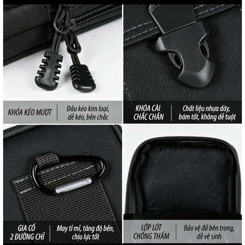 【COD】Túi đeo hông nam màu đen 3 ngăn kiểu dọc, chất liệu canvas, chống thấm nhẹ, đựng tiền điện thoại chìa khóa gọn gàng