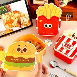 Hộp Bento Hamburger dễ thương dành cho trẻ em có dao kéo Di động có thể tái sử dụng Hộp đựng đồ ăn trưa đa ngăn đựng đồ saixit2vn