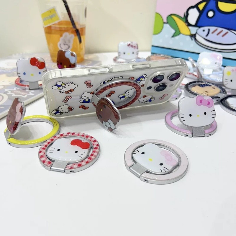Giá đỡ điện thoại từ tính Hello Kitty màu đen sang trọng có gương cho vỏ nam châm và IPhone 13 15 16 17 Pro Max 14 Plus có thể gập lại Vòng đeo tay Giá đỡ