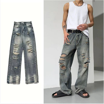 Quần jean rách, quần jean Baggy quần jean hip-hop dáng rộng, quần jean dạo phố cộng với quần jean unisex