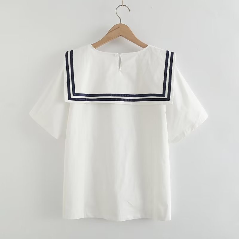 Mùa Xuân - Hè Áo Sơ Mi Trắng Style Thủy Thủ 100% Cotton, Cổ Rời, Tay Ngắn