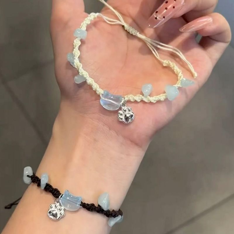 Vòng Tay May Mắn Hình Mèo Con và Bốn Lá Cỏ Ba Lá, Dệt Tay, Ngọt Ngào