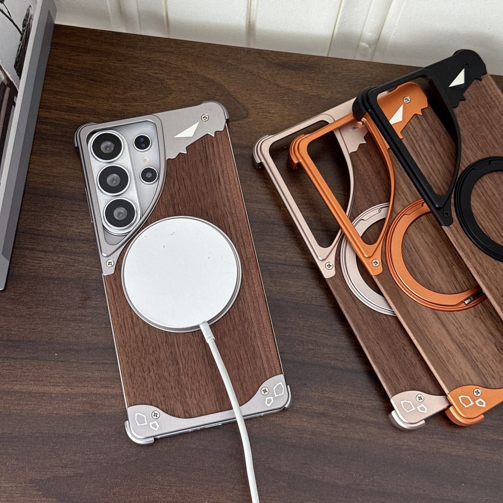 Dành Cho Samsung Galaxy S23 S22 S24 S25 S26 Ultra Walnut Gỗ Kim Loại Viền Giáp 360° Giá đỡ từ tính xoay Vỏ chống sốc